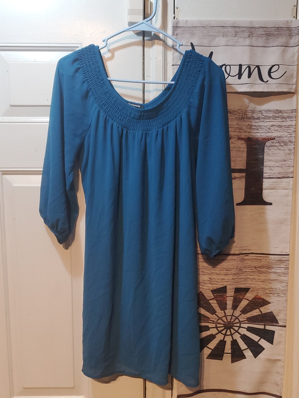 My Michelle Teal Blue Long Sleeve Smocked Yoke Dress